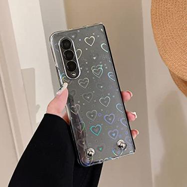 Imagem de Crossbody Pérola Corrente Longa Com Pulseira Pendurada Capa de Telefone Para Samsung Galaxy Z Fold 3 5G Laser Colorido Amor Coração Capa Dura, única capa, para Z Fold 2