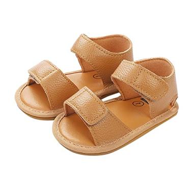 Imagem de Qwent Sandália infantil de verão para bebês meninos e meninas com bico aberto, lisa, sapatos para primeiros passos, sandálias planas para o verão (café, 6 meses)