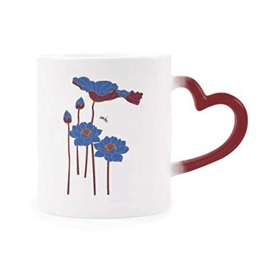Imagem de Caneca de grés com flor de lótus azul, flor de lótus e planta sensível ao calor, muda de cor vermelha