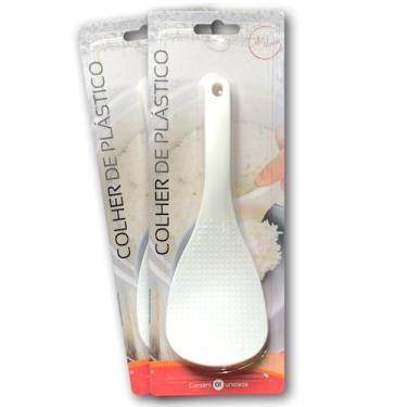 Imagem de 2 Colheres de plástico resistentes para panela elétrica. Espátula para arroz, antiaderente. Não arranha a panela. Leve, resistente e durável. Concha texturizada para evitar que o alimento grude.