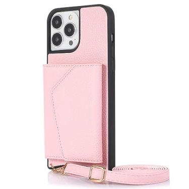 Imagem de CQSJX Capa transversal para iPhone 14 Pro Max/14 Plus/14 Pro/14, capa de carteira de couro real com fecho magnético para cartão, rosa, 14 Pro Max 6,7"