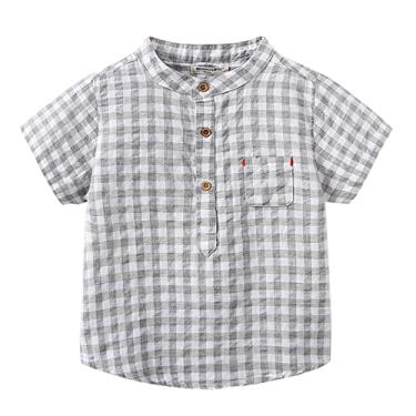 Imagem de Camisetas natalinas para meninos e crianças pequenas, camisa de flanela, jaqueta, xadrez, manga curta, lapela com botões, adolescente, Cinza, 3-4 Anos