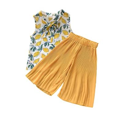 Imagem de Blusa fofa para meninas pequenas meninas sem mangas floral camiseta tops chiffon calças soltas bebê menina (amarelo, 3-4 anos)