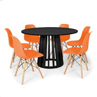 Imagem de Conjunto Mesa de Jantar Redonda Talia Preta 120cm com 6 Cadeiras Eames Eiffel - Laranja