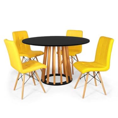 Imagem de Conjunto Mesa de Jantar Talia Amadeirada Preta 120cm com 4 Cadeiras Eiffel Gomos - Amarelo