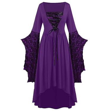 Imagem de Fantasias Medievais Renascentistas Femininas Vestido de Halloween Crânio Trompete Mangas Vestidos Alto Baixo Maxi Vestido Gótico Lace Up Vestido Roxo 5XL