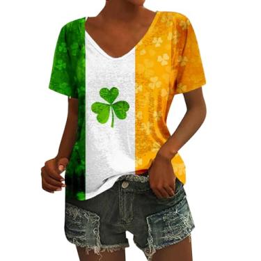 Imagem de Happy St Patricks Day Camiseta feminina com estampa de trevo fofo camiseta irlandesa Lucky manga curta St Pattys Day Tops de festa para mulheres, Amarelo, G