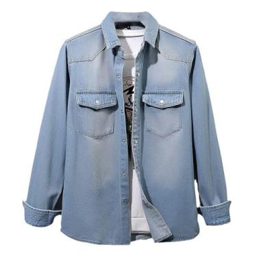 Imagem de Camisa jeans masculina manga comprida cor gradiente colarinho espalhado agasalho bolsos laterais camisa ajuste solto, Cor 2, XXG