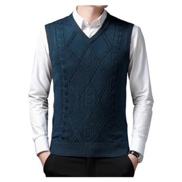 Imagem de Suéter masculino de malha com borda canelada cor sólida suéter colete gola V pulôver sem mangas, Azul-escuro, M