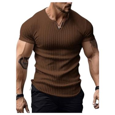 Imagem de RoseSeek Camiseta masculina de malha canelada gola V casual manga curta verão básico, Marrom café, G