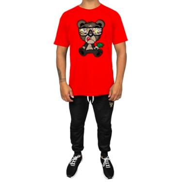 Imagem de Kit Conjunto Masculino Camiseta Algodão e Calça Moletom Casual Estampado Urso Dollar (Vermelho, P)
