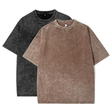Imagem de Camisetas masculinas de algodão grandes unissex manga curta casual solta lavagem sólida básica, Preto/Marrom, GG