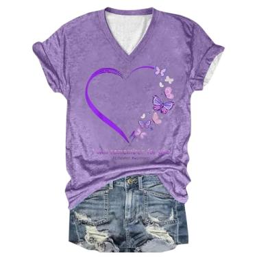 Imagem de Camisetas femininas de conscientização de Alzheimer, roxa, floral, estampadas, soltas, verão, gola V, manga curta, blusas casuais, Z15 - bege, M