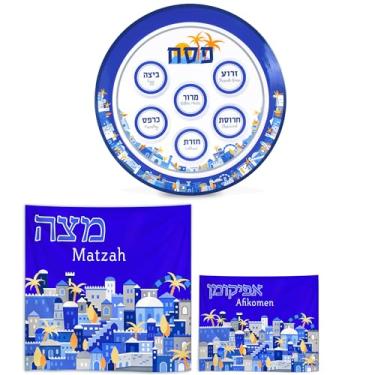 Imagem de Conjunto de pratos Zion Judaica Jerusalém, tema páscoa, 30,5 cm, prato de melamina, pascal, marcado com alimentos simbólicos de pesach sem BPA, 38 cm, conjunto de capa Matzo de seda quadrada Afikoman,