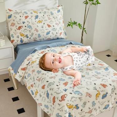 Imagem de Brandream Jogo de cama infantil de 4 peças, gaze de algodão ultramacio – Edredom, lençol com elástico, lençol de cima e fronha para meninos e meninas, cama de dinossauro em uma bolsa para quarto de