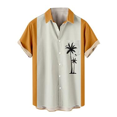 Imagem de Camisetas de praia masculinas outono verão manga curta gola alta havaiana tropical simples camiseta masculina 2024, P-272 Amarelo Mostarda, XXG