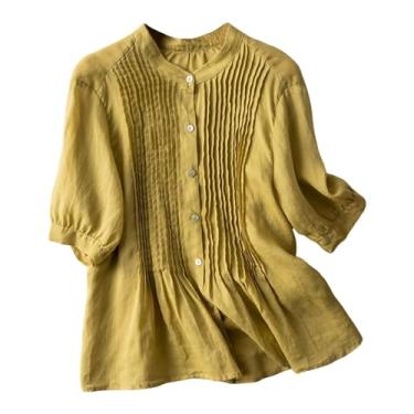Imagem de Camisa feminina com botões e manga 3/4, algodão, linho, boho, leve, túnica, gola redonda, blusa de trabalho casual, Amarelo, 3G