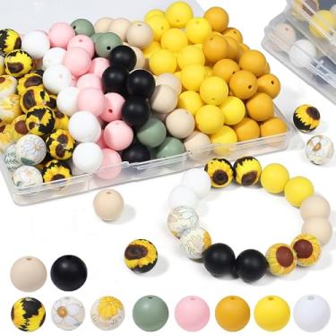 Imagem de NUKAYAI 70 contas de silicone de 15 mm, contas de silicone para fazer chaveiros, contas de silicone florais para pulseiras e colar, artesanato, fazer contas de girassol a granel (estampa floral)