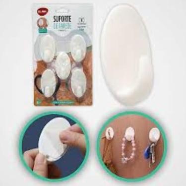 Imagem de Conjunto De 5 Ganchos Adesivos Branco De Plástico Durável Oval Para Parede Super Aderência Autoadesivo suporta até 1 kilo ideal para quadros chaves pano de prato produtos leves