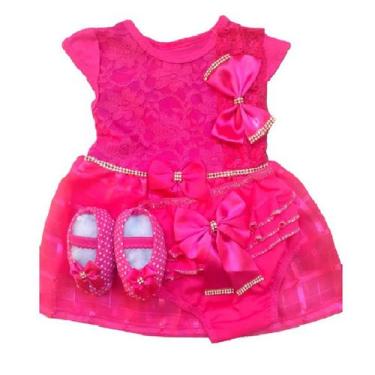 Imagem de Vestido Luxo RN à 05 Meses Renda Baby Com 4 Peças, Par Sapatinhos + Fa