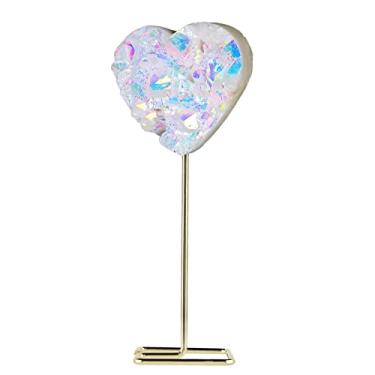 Imagem de Amogeeli Conjunto de cristal de rocha revestido de titânio em forma de coração com suporte de metal de aço inoxidável, decoração de amostra de pedra de cristal de coração de amor para casa e