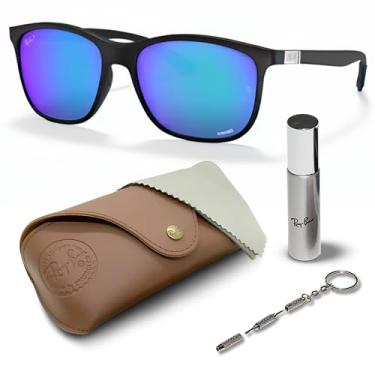 Imagem de Ray-Ban RB4330CH Chromance Óculos de sol polarizados em formato quadrado para homens e mulheres com kit de óculos – Óculos de sol clássicos, Armação preta fosca | Lente cromada azul polarizada, 56 mm