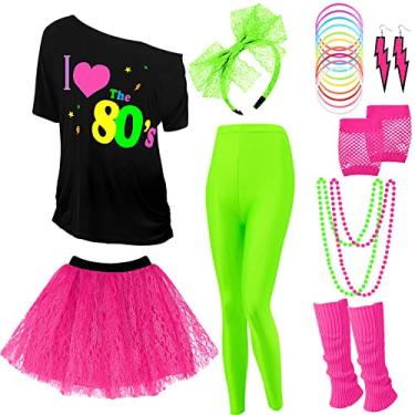 Imagem de Vabean Conjunto de 19 peças, fantasia dos anos 80, leggings, saia tutu, faixa de cabeça, colar, pulseiras, brincos, luvas, polainas femininas, Leggings verdes, X-Large