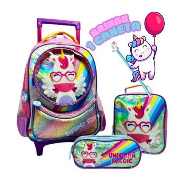 Imagem de Kit Denlex Mochila Rodinhas Infantil Feminino Unicórnio Colorido + Lan