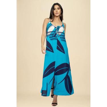 Imagem de Vestido Longo Caçuá Viscose Alça Fina Estampa Imbé Blue - Amazonia Vit