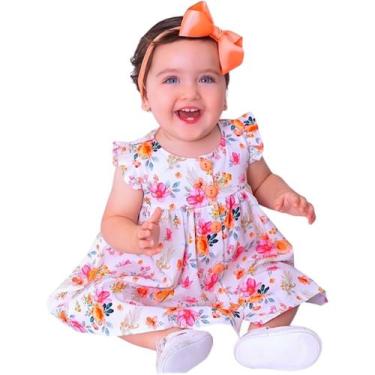 Imagem de Vestido de bebê menina luxo florido com tiara manga curta 100% algodão