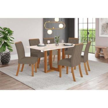 Imagem de Conjunto: Mesa de Cozinha Natalí c/ Tampo Madeirado c/ Vidro Reto 160x