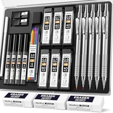 Imagem de Nicpro Conjunto de lápis mecânicos de metal com 22 peças, lápis de desenho artístico 0,5, 0,7, 0,9 mm e 2 peças de lápis de desenho mecânico de 2 mm com 396 peças de grafite (4B 2B HB 2H coloridos)