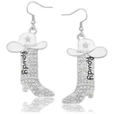 Imagem de Brincos femininos de vaqueira de strass com glitter, letra de Howdy ocidental, brincos de chapéu esmaltado de caubói com estrela brilhante, rodeio country, roupas de festa de concerto, joias, Zinco,