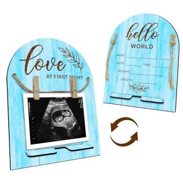 Imagem de Placa de madeira Hello World Baby Recém-nascido – Moldura de ultrassom com suporte – Placa de anúncio de bebê inacabada com impressão dupla face – Quadro de marcos de bebê e presente de gravidez