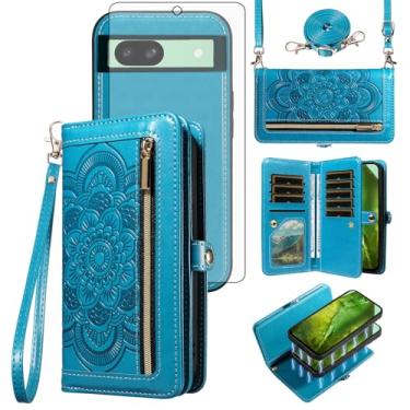 Imagem de Asuwish Capa de celular para Google Pixel 8A 5G carteira com zíper magnética destacável com protetor de tela de vidro temperado alça transversal cordão mandala flor porta-cartões Pixel8A A8 mulheres