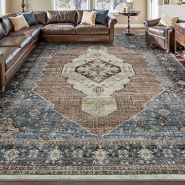 Imagem de Engiw - Tapete lavável, 20 x 25 cm, para sala de estar, quarto, sala de jantar, escritório, vintage, macio, aconchegante, antiderrapante, azul marinho, ferrugem