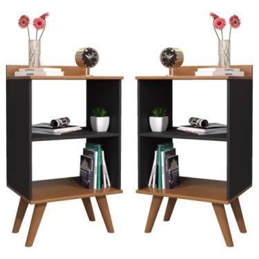 Imagem de Kit 2 Mesa de Cabeceira Quarto Mesinha Armário Apoio Leitura Lateral Cama Box Casal Nicho Decoração Pés Retrô Charmosa Sleep Siena (Preto/Freijó)