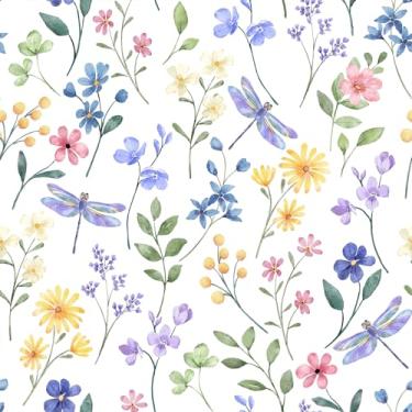 Imagem de VaryFloral Papel de parede floral colorido de 61 cm x 299 cm flores silvestres libélula papel de parede colorido para quarto de meninas papel de contato floral botânico para gaveta de armário papel de