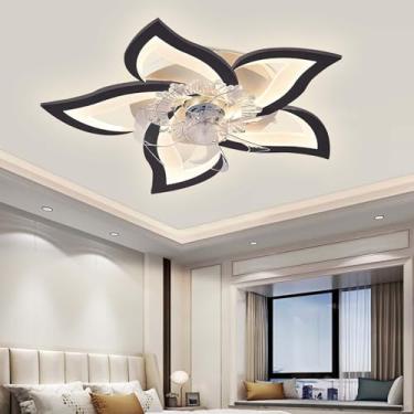 Imagem de Formato de Flor LED Ventiladores de Teto com Luzes Moderno Silencioso Regulável 6 Velocidades de Vento Luz de Teto com Ventilador Para Quarto Cozinha(69cm,Black)