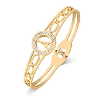 Imagem de SHIGIE Pulseiras icônicas da Torre Eiffel de aço inoxidável banhado a ouro 18 quilates com strass banhado a prata joia para mulheres, berloques presentes, Medium, Aço inoxidável, Cristal