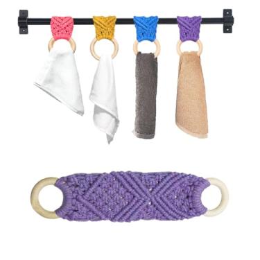 Imagem de 2 peças anel de suporte de toalha de macramê | Clipes de toalha de cozinha para alça de forno | Suporte de toalha de crochê | Anéis de suporte de toalha de crochê para pendurar toalhas de cozinha