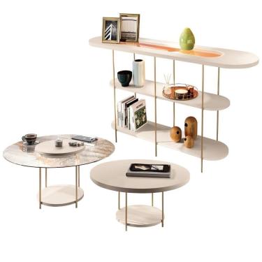 Imagem de Kit Aparador Para Sala Friesen Com 02 Mesas De Centro Redonda Allure B01 Off White - Lyam Decor