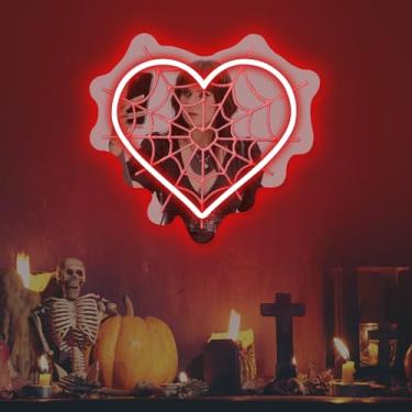 Imagem de Placa neon espelhada de coração de teia de aranha - espelho de parede LED gótico, decoração de arte escura, decoração assustadora de festa de Halloween, decoração estética de casa 38 cm × 33,5 cm
