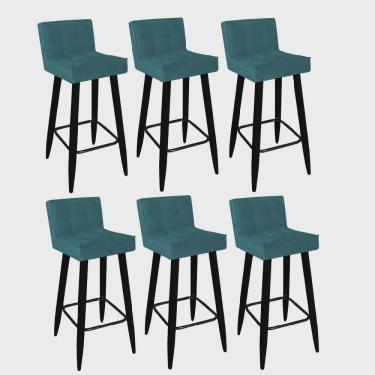 Imagem de Kit 06 Banqueta Alta Lucy Com Encosto Cozinha Bar Balcão Bistrô Pé Palito Preto Suede Azul Turquesa - Ahz Móveis