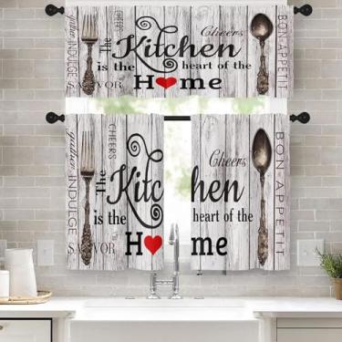 Imagem de Tayney Farmhouse Cortinas de janela de cozinha rústicas conjunto de sanefas e camadas 91 cm, cortina de camada curta para banheiro, cortinas de madeira vintage pequenas para decoração de cozinha