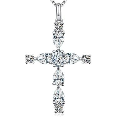 Imagem de Miaofu Colar feminino com cruz de diamante banhado a ouro branco 18 K em gota e cruz de prata esterlina 925 CZ para mulheres, Zircônia cúbica, Zircônia cúbica