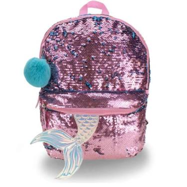 Imagem de Mochila Escolar Feminina de Costas com Paetê de Sereia Clio, rosa