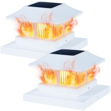 Imagem de Dynaming Luzes De Poste Chama Solar Para Áreas Externas, Cerca Com Casca Branca E Energia Solar, Lâmpadas Led Cintilante À Prova D'Água Deck Jardim Pátio, Compatível Postes Vinil/Madeira 4X4, 5X5 Ou