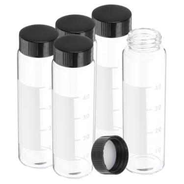 Imagem de PATIKIL Frascos pequenos de amostra de vidro com tampas, 5 frascos de vidro transparente de 50 ml com tampas de parafuso pretas, mini frascos selados de reagente à prova de vazamento com etiqueta de