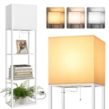 Imagem de Dott Arts Luminária De Chão Com Prateleiras, Luminárias De Chão Largas Para Sala De Estar, Luminárias De Prateleira Com Lâmpada Led De 3 Cores, Luminária De Chão Moderna De Madeira Com Armazenament